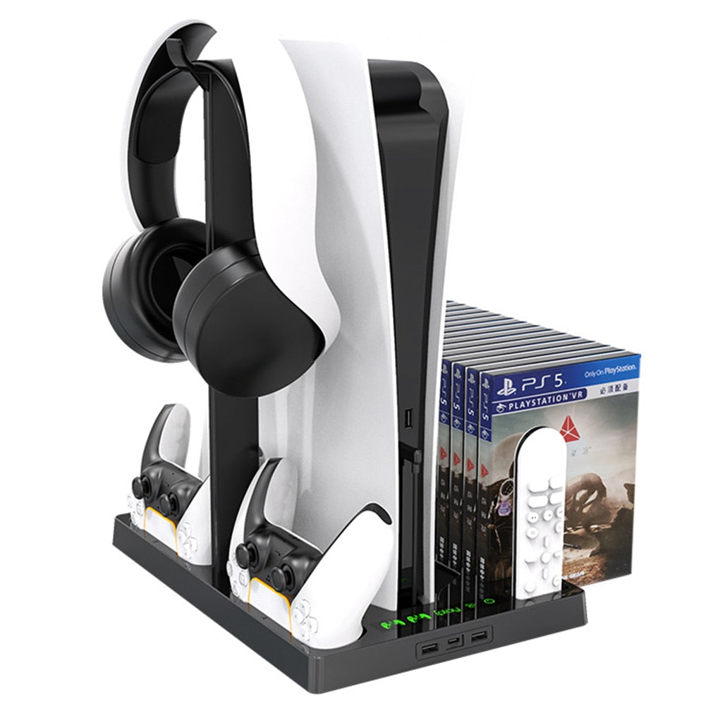 For PS5 Vertical Cooling Fan Stand with 15 Game Slot 3 Hub Port Dual Controller Charger Charging Station For SONY Playstation 5